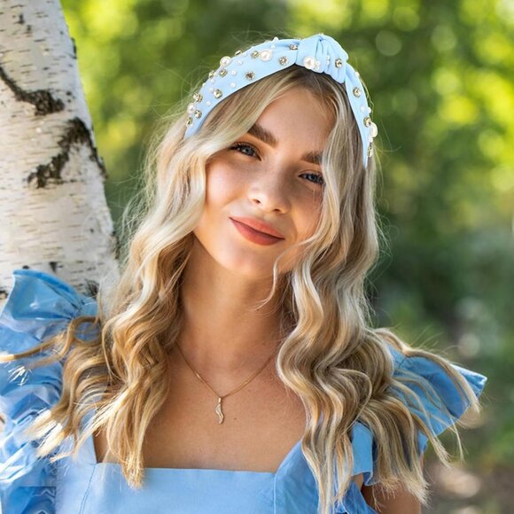 Blue Headband Pearl Knotted Headband Sparkly Rhinestone Pearls Top Knotted Headb - Picture 2 of 7